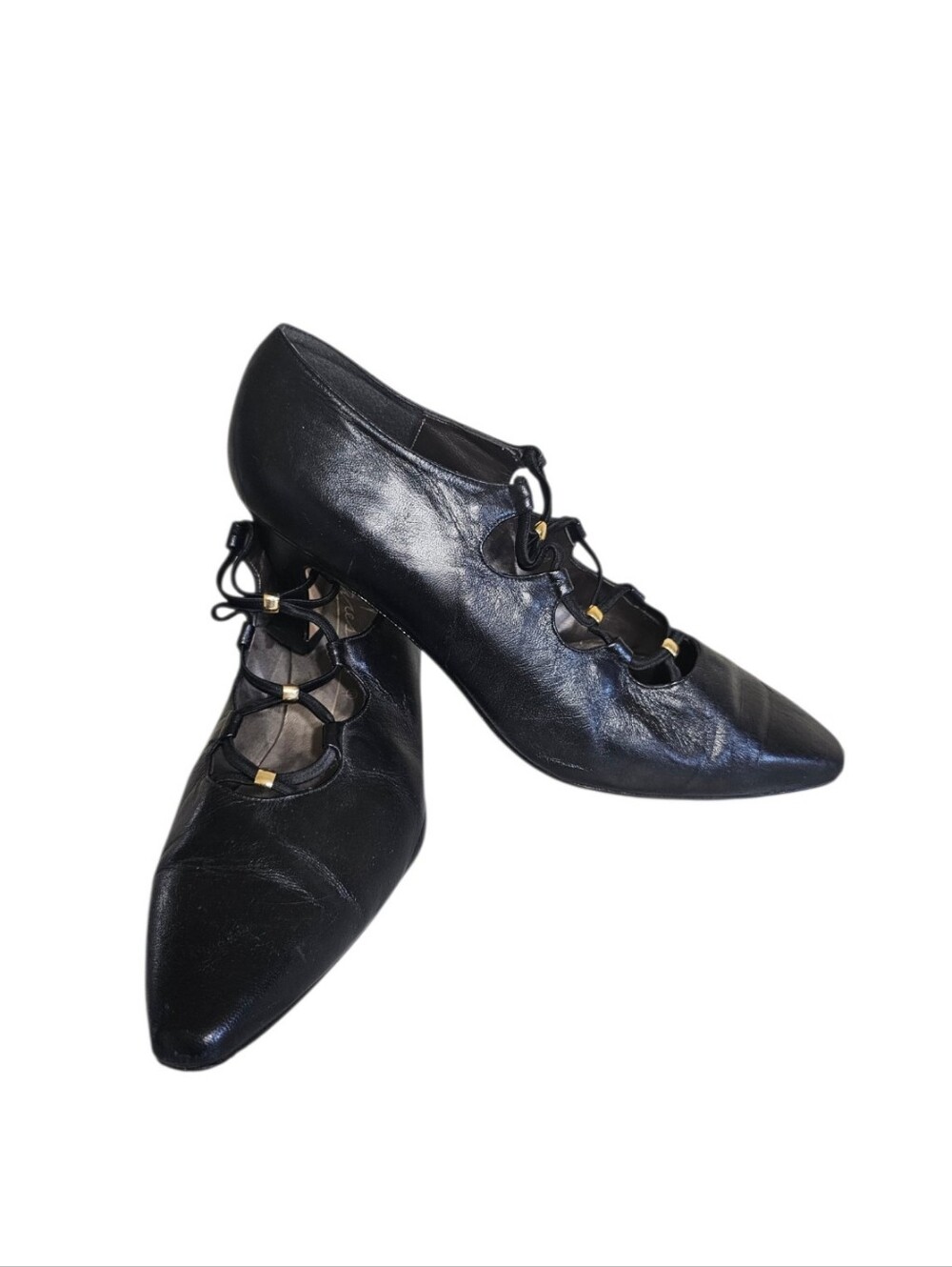 Caressa Leather Retro Classy Black Leather Heels Bungee Stretch Detail 10 M